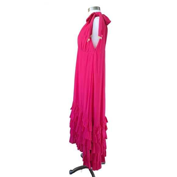 SUNDRESS Maggie Fuchsia Pink Midi Maxi Dress Large Deep V Ruffle Hem Cotton Silk - Picture 6 of 12